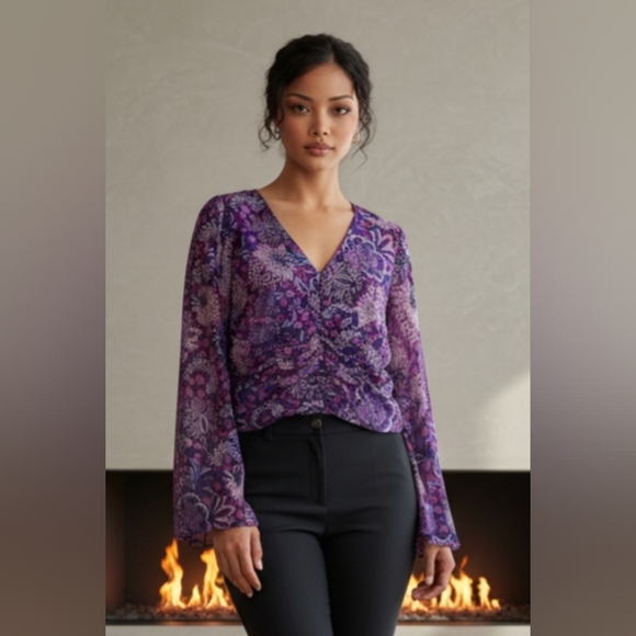 Escada Tops - Escada 42/L Vintage Fabulous Purple Floral Long Bell Sleeve Silk Blouse V-Neck